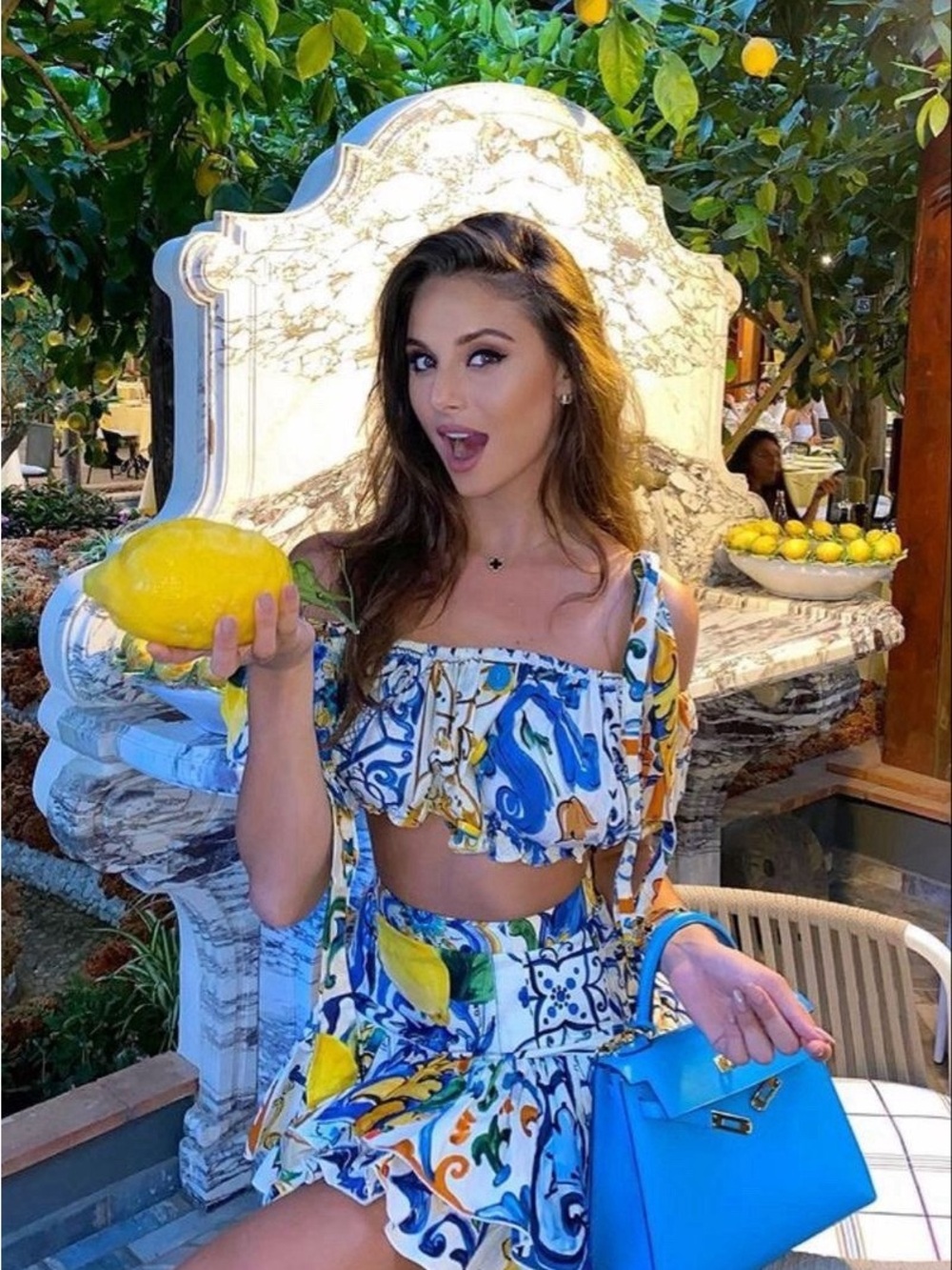 DG inspired Lemon Print Crop Top & Skirt Set - Blue, Yellow, White